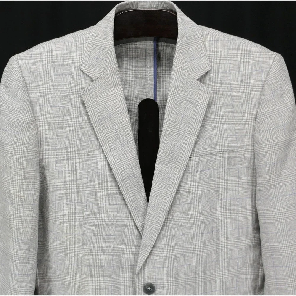 Murano (M) 38L Gray Glen Plaid 100% Linen Summer Blazer Unstructured Lightweight